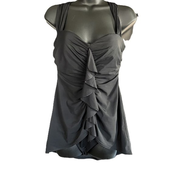 LANDS' END Sz 10 Slender Suit CASCADE RUFFLE ONE PIECE UV SWIMSUIT BLACK Modest - Picture 2 of 11
